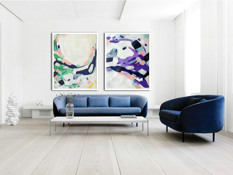 Hand Made Abstract Art,Set Of 2 Abstract Painting On Canvas,Original Abstract Painting Canvas Art,White.Dark Blue,Green,Purple.etc